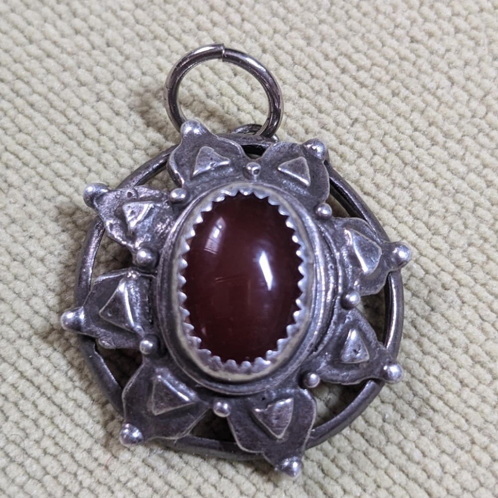 925 Silver Round Pendant Signed DKL Amber Color Oval Stone Open Geometric Design